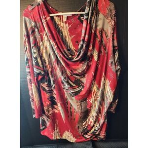 JM Collection Womens SZ 2X Red,Blk,White Cowl Neck Poly/Spandex